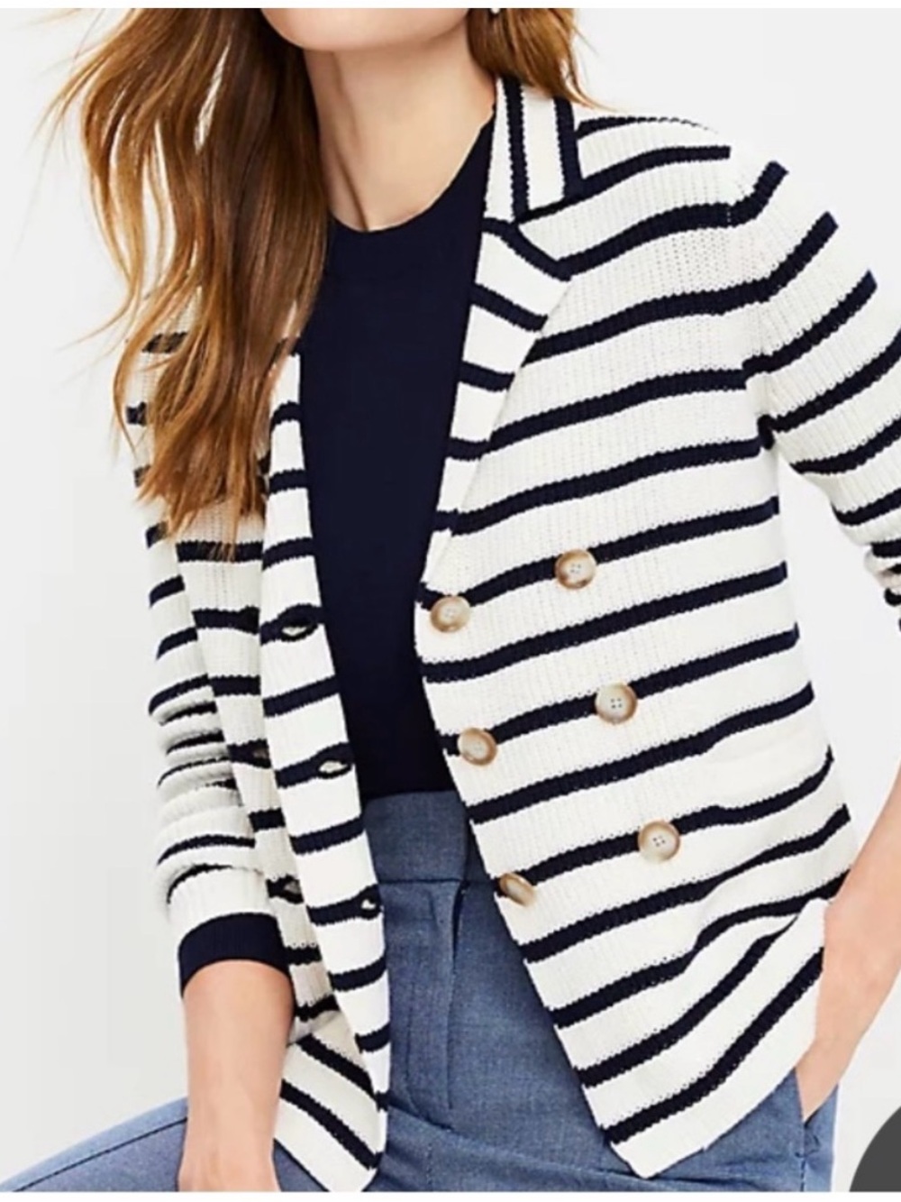 LOFT‎ Striped Double-Breasted Knit Blazer - White & Navy Size Medium
